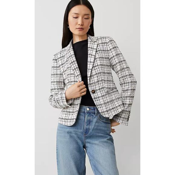 Ann Taylor The Newbury Blazer Plaid Tweed Womens Size 14 New White Black - Picture 2 of 10